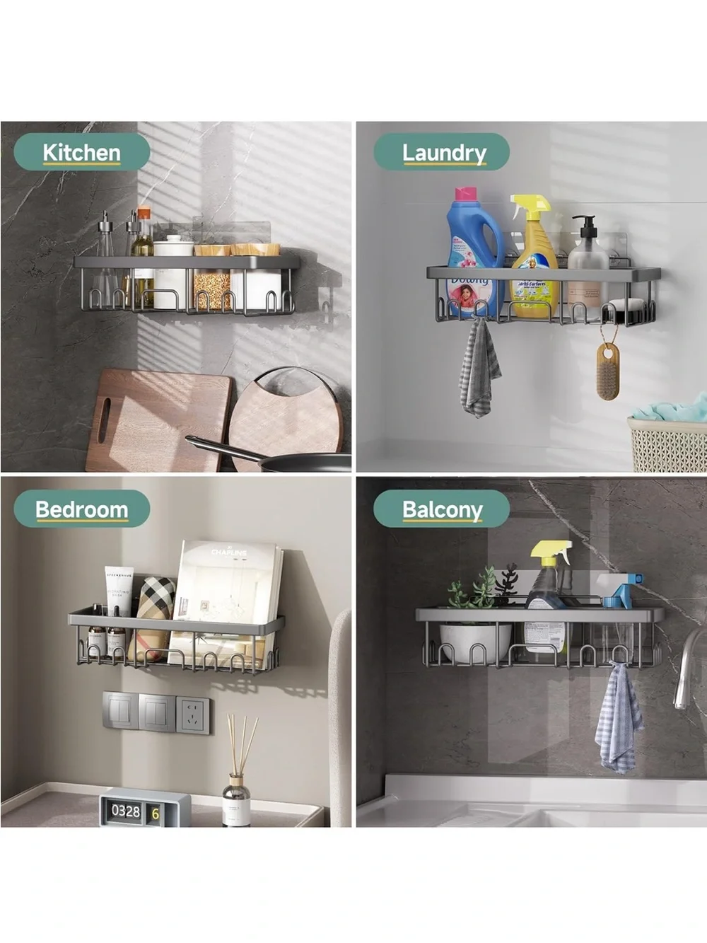 Gray Wall-Mount Shower Organizer Shelf Set - Modern Bathroom Storage